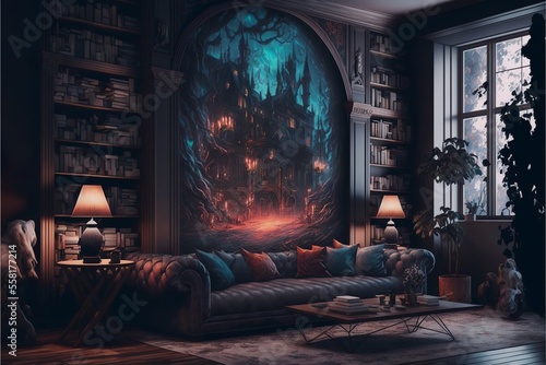 Creepy fantasy dungeon living room interior with wooden and brick wall