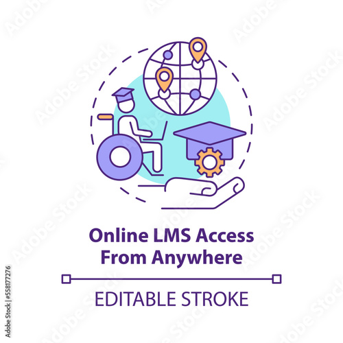 Online LMS access from anywhere concept icon. Learning management system feature abstract idea thin line illustration. Isolated outline drawing. Editable stroke. Arial, Myriad Pro-Bold fonts used