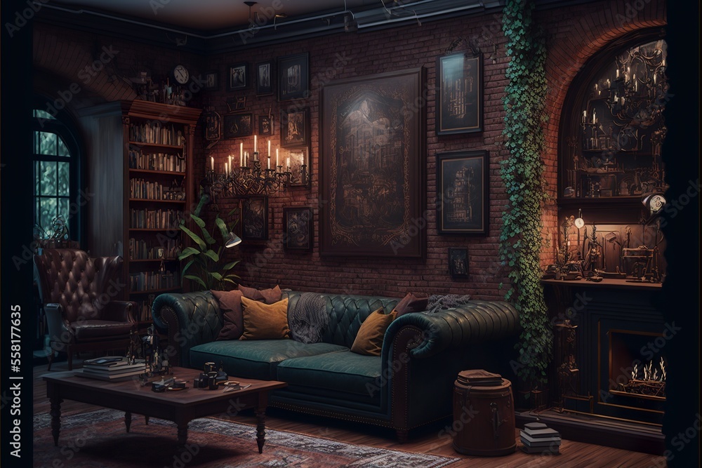 Gothic style victorian living room interior with wooden and brick wall ...