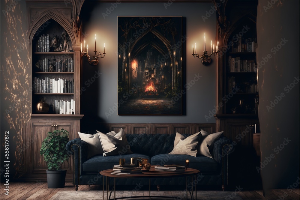 Gothic style victorian living room interior with wooden and brick