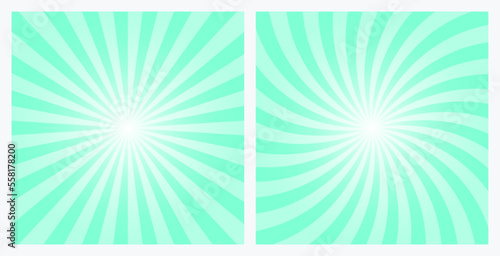 Light blue sunburst background set. Aquamarine blue retro style radial and spiral sunbeam rays background, pattern, wallpaper. Vector Illustrations. © cnh