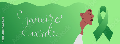 Green January in portuguese Janeiro Verde, Brazil campaign for cervical cancer awareness. Vector illustration with adult latina woman portrait and handwritten calligraphy lettering