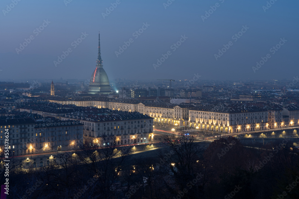 Turin city centre with the landmark Mole Antonelliana at night, Piedmont, Italy