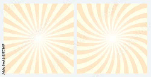 Soft yellow sunburst background set. Retro style Blanched almond brown gray color radial and spiral sunbeam rays background, pattern, wallpaper. Vector Illustrations.