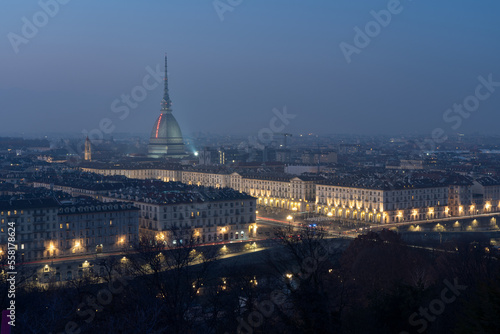 Turin city centre with the landmark Mole Antonelliana at night, Piedmont, Italy