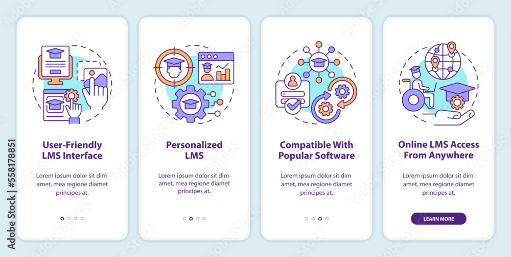Learning management system features onboarding mobile app screen. Walkthrough 4 steps editable graphic instructions with linear concepts. UI, UX, GUI template. Myriad Pro-Bold, Regular fonts used