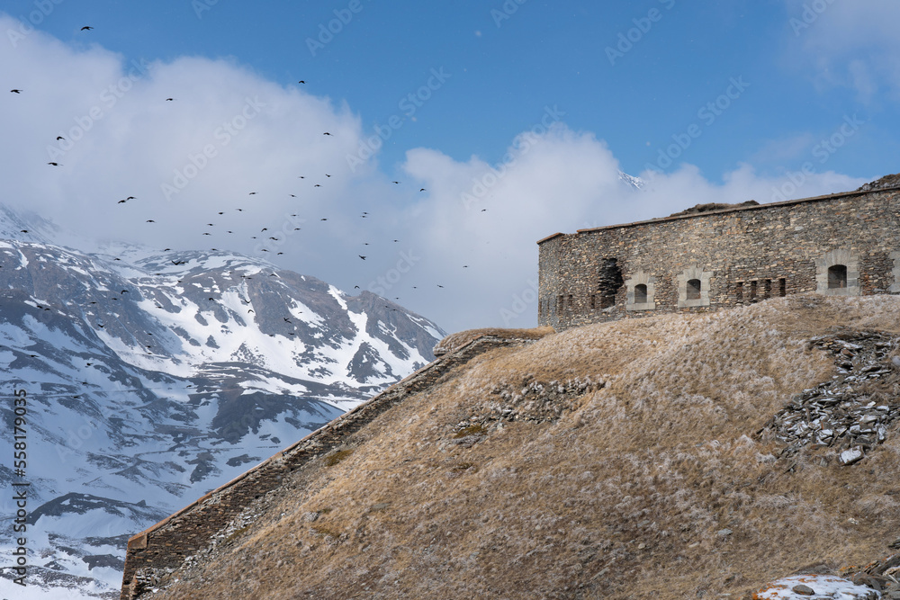 Old ancient historical fort ruins in stone in the Alps mountains, Mont Cenis (Moncenisio), Fort de Variselle (Forte Varisello)