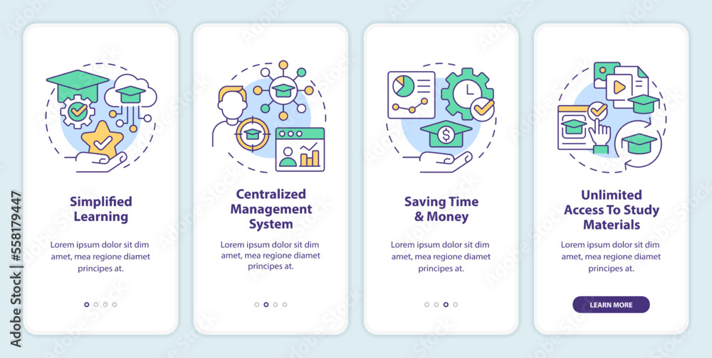 Learning management system benefits onboarding mobile app screen. Walkthrough 4 steps editable graphic instructions with linear concepts. UI, UX, GUI template. Myriad Pro-Bold, Regular fonts used