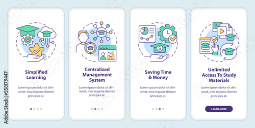 Learning management system benefits onboarding mobile app screen. Walkthrough 4 steps editable graphic instructions with linear concepts. UI, UX, GUI template. Myriad Pro-Bold, Regular fonts used