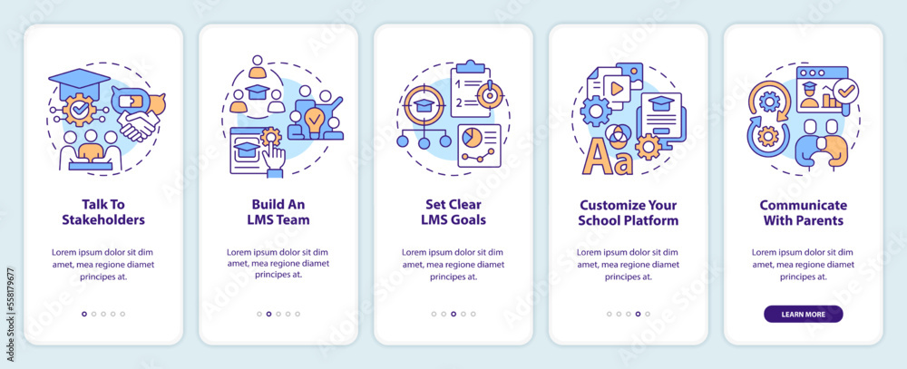 Launching school LMS onboarding mobile app screen. Walkthrough 5 steps editable graphic instructions with linear concepts. UI, UX, GUI template. Myriad Pro-Bold, Regular fonts used Launching school LMS onboarding mobile app screen. Walkthrough 5 steps editable graphic instructions with linear concepts. UI, UX, GUI template. Myriad Pro-Bold, Regular fonts used