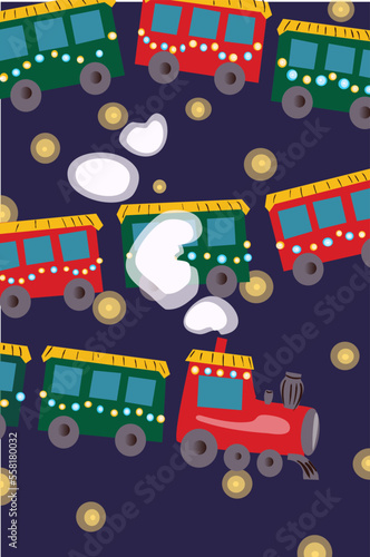 Christmas cartoon train in the clouds with lanterns and light bulbs. Stars, locomotive in the starry night sky. photo