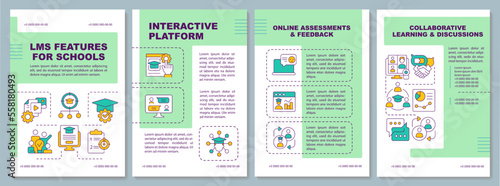 LMS features for school turquoise brochure template. Leaflet design with linear icons. Editable 4 vector layouts for presentation, annual reports. Arial-Black, Myriad Pro-Regular fonts used
