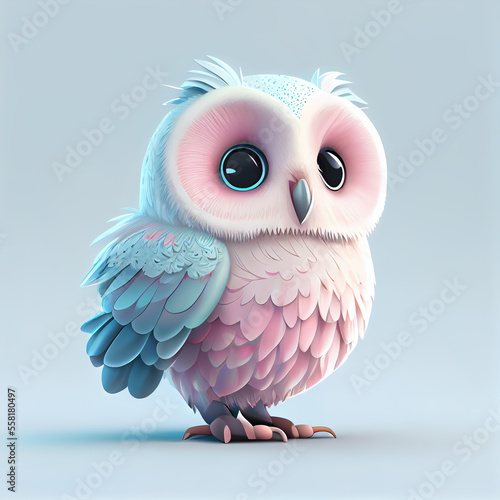 Generative AI: cute owl in light blue and pink pastels isolated