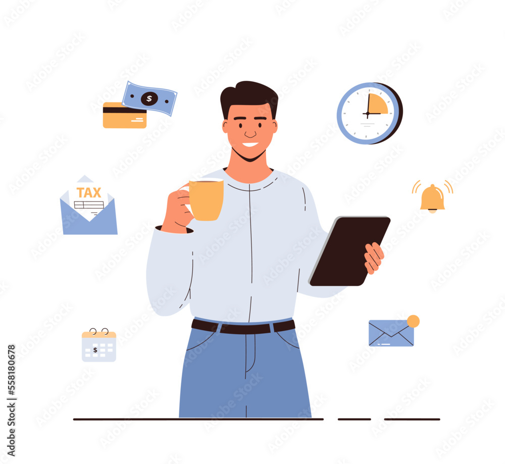 Online tax payment. Government taxation system. Man paying taxes with bank card via tablet. Electronic wallet, online transfers and transactions. Cartoon flat vector illustration.	