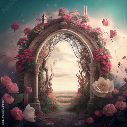 Generative AI: enchanted fairy tale arch with flowers