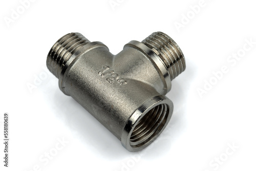 Chrome plated tee pipe fitting 1/2". Tee pipe T adapter. Isolated on white background.