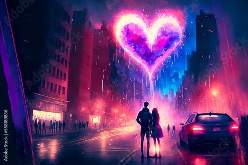 Heart shaped fireworks . Lovers couple background night city . Valentine Day. Generative AI