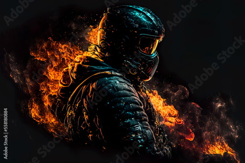 Fire motorbiker in dramatic dark scene. Wallpaper . Generative AI photo