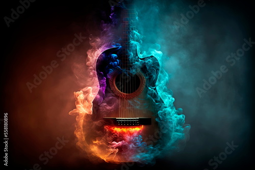 Music concept. Acoustic guitar smoke epic rock guitar. Generative AI photo