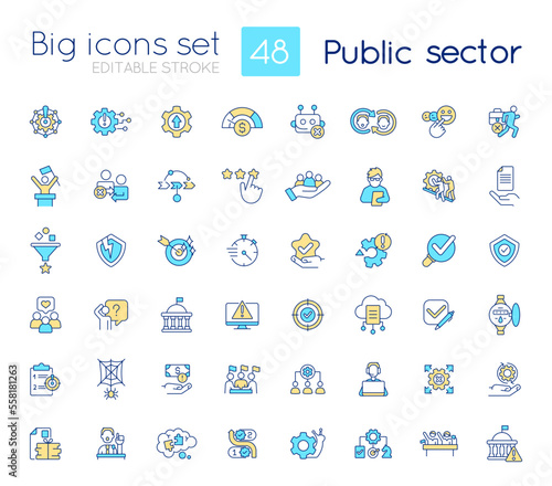 Public sector RGB color icons set. Services and enterprises. Government digital transformation. Isolated vector illustrations. Simple filled line drawings collection. Editable stroke