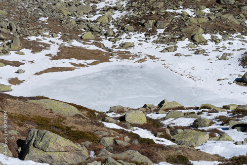 Closeup shot of the frozen lake in the Italian Alps, Laghi di Sagnasse, Valli di Lanzo