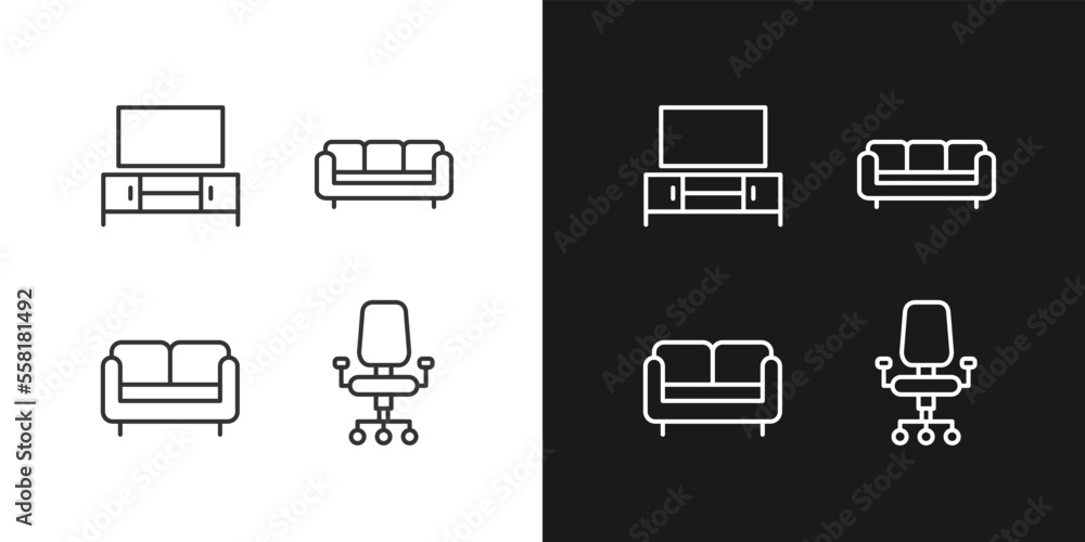 Furniture store pixel perfect linear icons set for dark, light mode. Furnishing for living room and home office. Thin line symbols for night, day theme. Isolated illustrations. Editable stroke