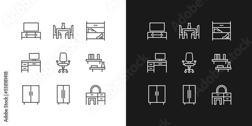Contemporary furniture for apartment pixel perfect linear icons set for dark, light mode. Living room and office space. Thin line symbols for night, day theme. Isolated illustrations. Editable stroke