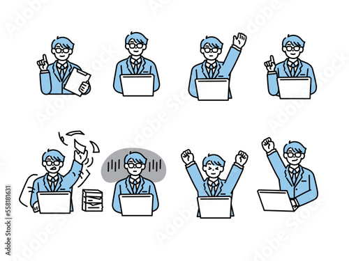 パソコンで仕事をする男性(残業、エリート、忙しい、ミス、説明、ガリ勉、仕事終わり) A man who works on a computer.Overtime, elite, busy, miss, explain, study hard.