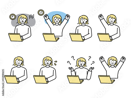 パソコンで仕事をする女性(残業、エリート、忙しい、ミス、説明、ガリ勉、仕事終わり) A woman who works on a computer.Overtime, Elite, Busy, Miss, Explanation, Study, End of Work.