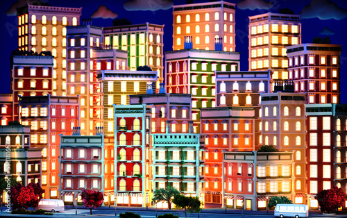 Beautiful city 3D rendering illustration. Apartments buildings at night with lit up window