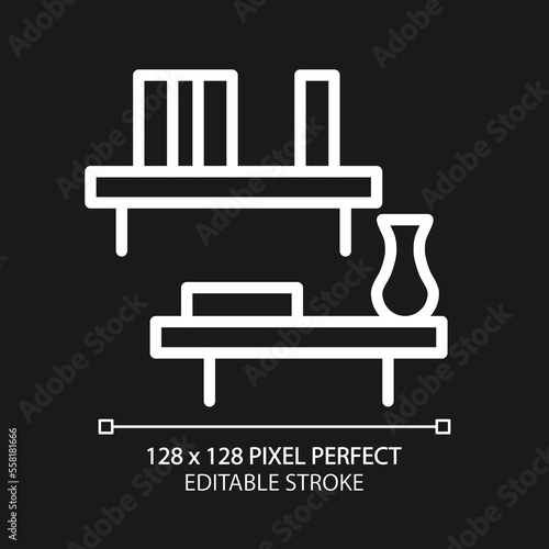 Floating shelf pixel perfect white linear icon for dark theme. Wooden furnishing. Decorative shelving. Home furniture store. Thin line illustration. Isolated symbol for night mode. Editable stroke