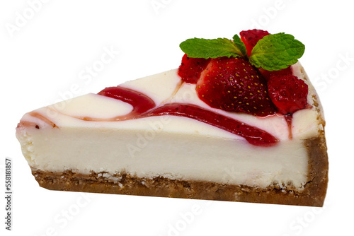 Yummy delicious moist classic piece of cheesecake with fresh strawberries and mint leaves