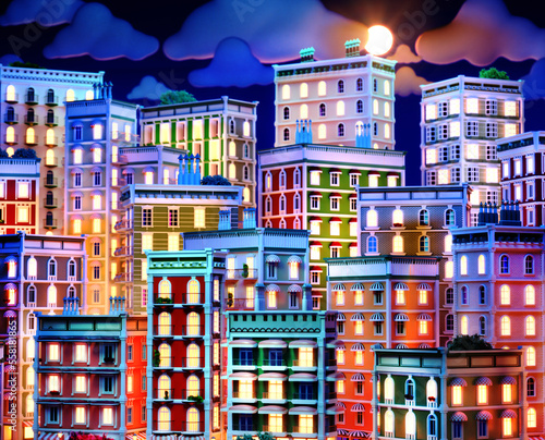 Beautiful city 3D rendering illustration. Apartments buildings at night with moon and lit up windows © IRStone