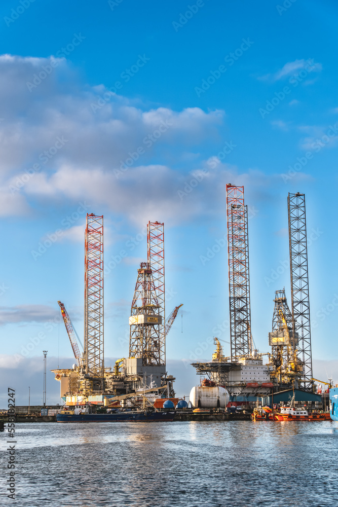 Oil rigs in Esbjerg harbor at the North Sea,  Denmark