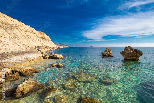 Fototapeta Naklejka Na Ścianę i Meble -  View of rocks, bays, clear sea - natural background, Spain, Costa Blanca