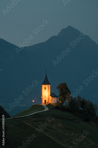church on the hill in the evening