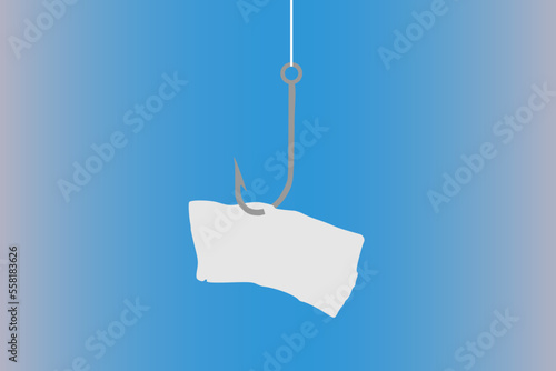 Vector illustration of a fish hook with a piece of paper attached to it with space for text or message
