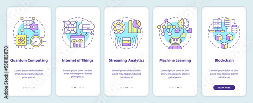 Data science technologies onboarding mobile app screen. Information walkthrough 5 steps editable graphic instructions with linear concepts. UI, UX, GUI template. Myriad Pro-Bold, Regular fonts used