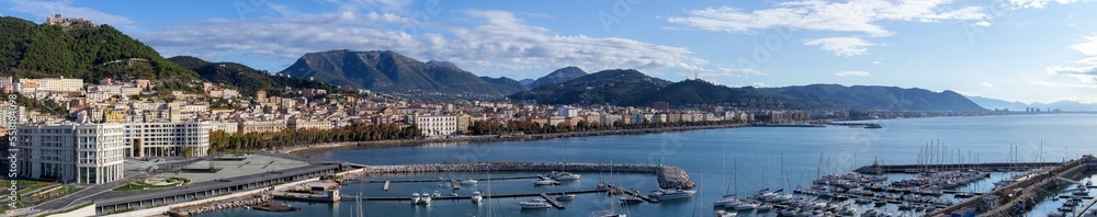 Port, Marina and City by the Sea. Salerno, Italy. Aerial Panorama. Cityscape background