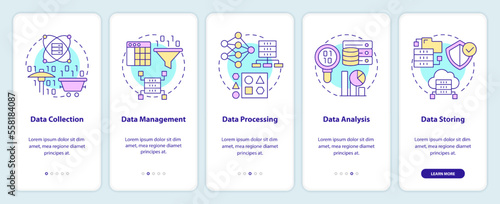 Data processing stages onboarding mobile app screen. Technology walkthrough 5 steps editable graphic instructions with linear concepts. UI, UX, GUI template. Myriad Pro-Bold, Regular fonts used