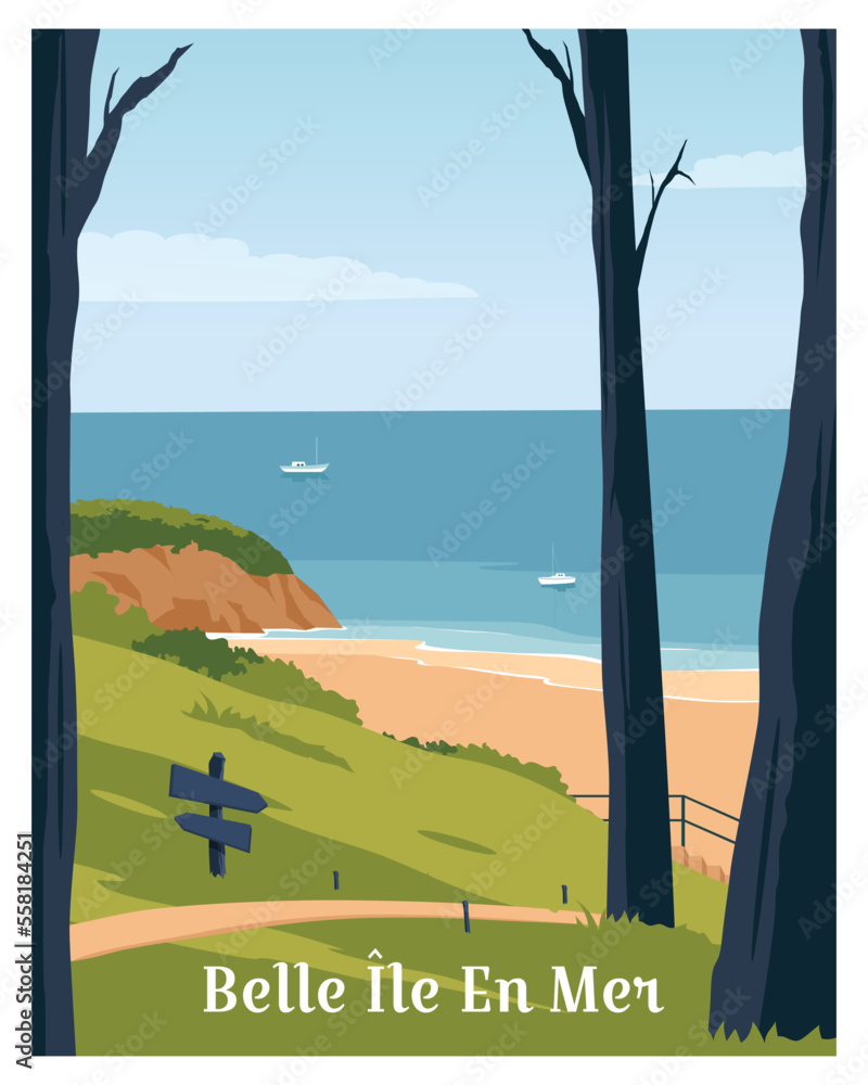 landscape background with beach in Belle ile en Mer island france. travel to Morbihan france.
vector illustration with colored style for poster, card, postcard, art, print.
