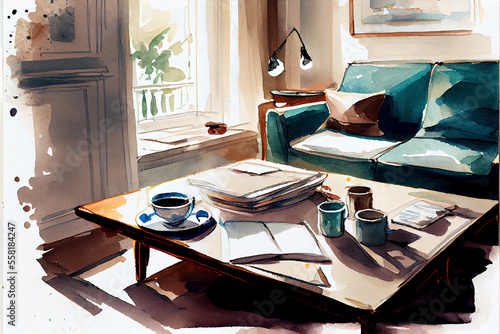 Living room interior with window and sofa, coffee cups on the table, papers lying watercolor paint