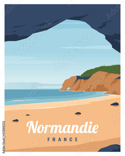 Travel poster with beach, and stone arch in Normandie, France Europe. Landscape Vector illustration with colored style for poster, postcard, card, art, print.