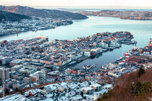Bergen Winter Aerial Panoramic View from Mount Floyen Viewpoint. Bergen, Hordaland, Norway. UNESCO World Heritage Site.