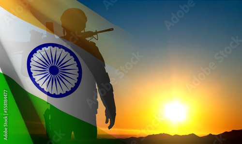 Silhouette of soldier with India flag on a sunset. Greeting card for Independence day, Republic Day, Kargil Vijay DIwas. EPS10 vector