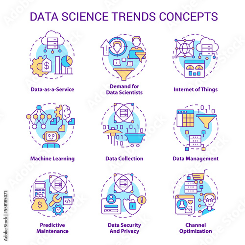 Data science trends concept icons set. Technology development analytics idea thin line color illustrations. Isolated symbols. Editable stroke. Roboto-Medium, Myriad Pro-Bold fonts used