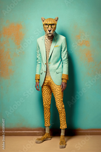 Fashion abstract illustration portrait of a leopard that is in human retro modern clothes. Wild animal in vintage hipster style. Generative AI. photo
