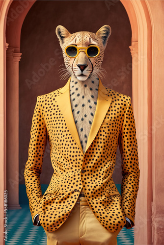 Fashion abstract illustration portrait of a leopard that is in human retro modern clothes. Wild animal in vintage hipster style. Generative AI. photo