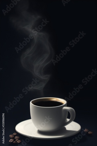 coffee, White hot coffee cup and coffee beans around on a black background , Generative AI