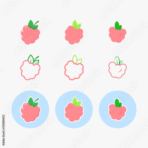 Set of pink raspberry and green leaf vector illustrations
